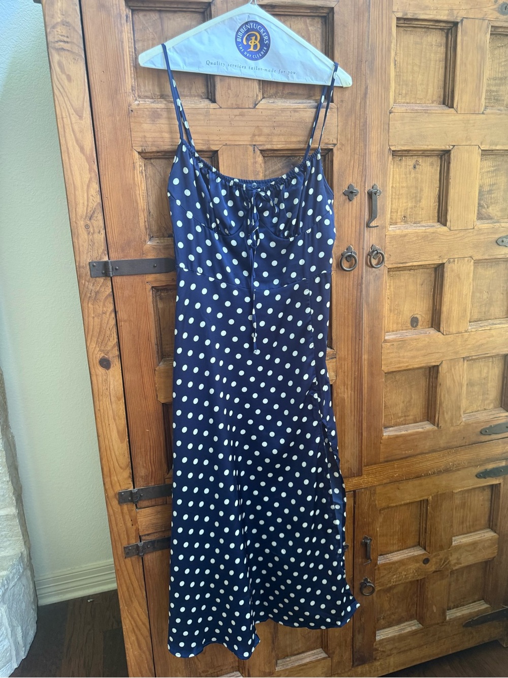 Navy Polka Dot silk like material  Slip Dress - Sleeveless Spaghetti Strap